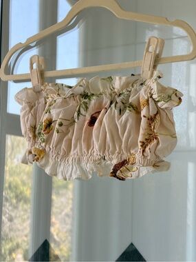 H&M Cream Floral Smocked Ruffle Bandeau Top